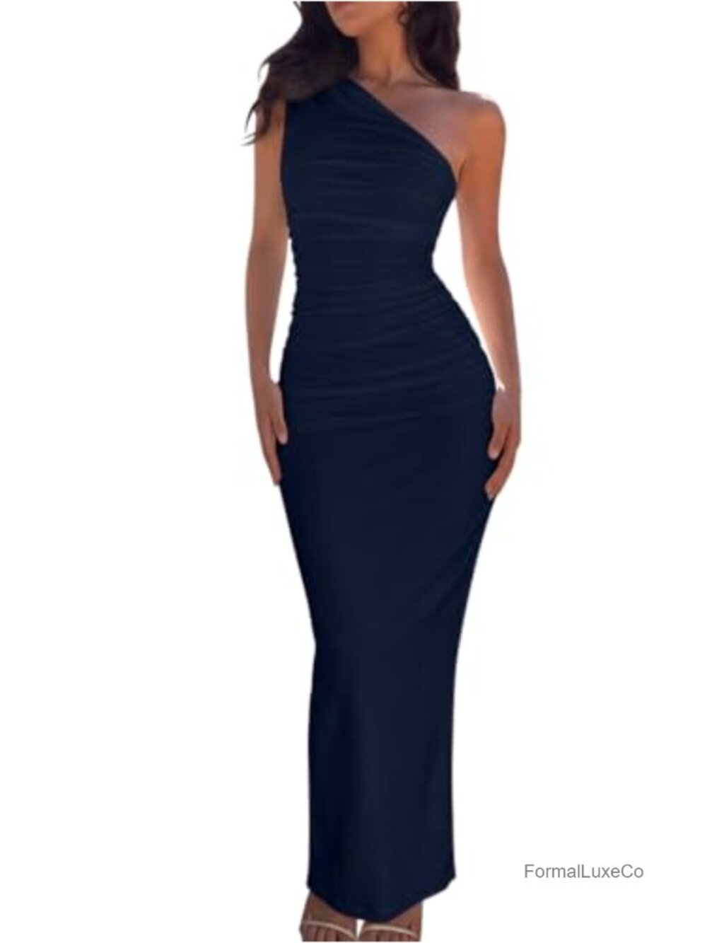 One Shoulder Bodycon Maxi Dress Sleeveless Ruched Slim Fit Party